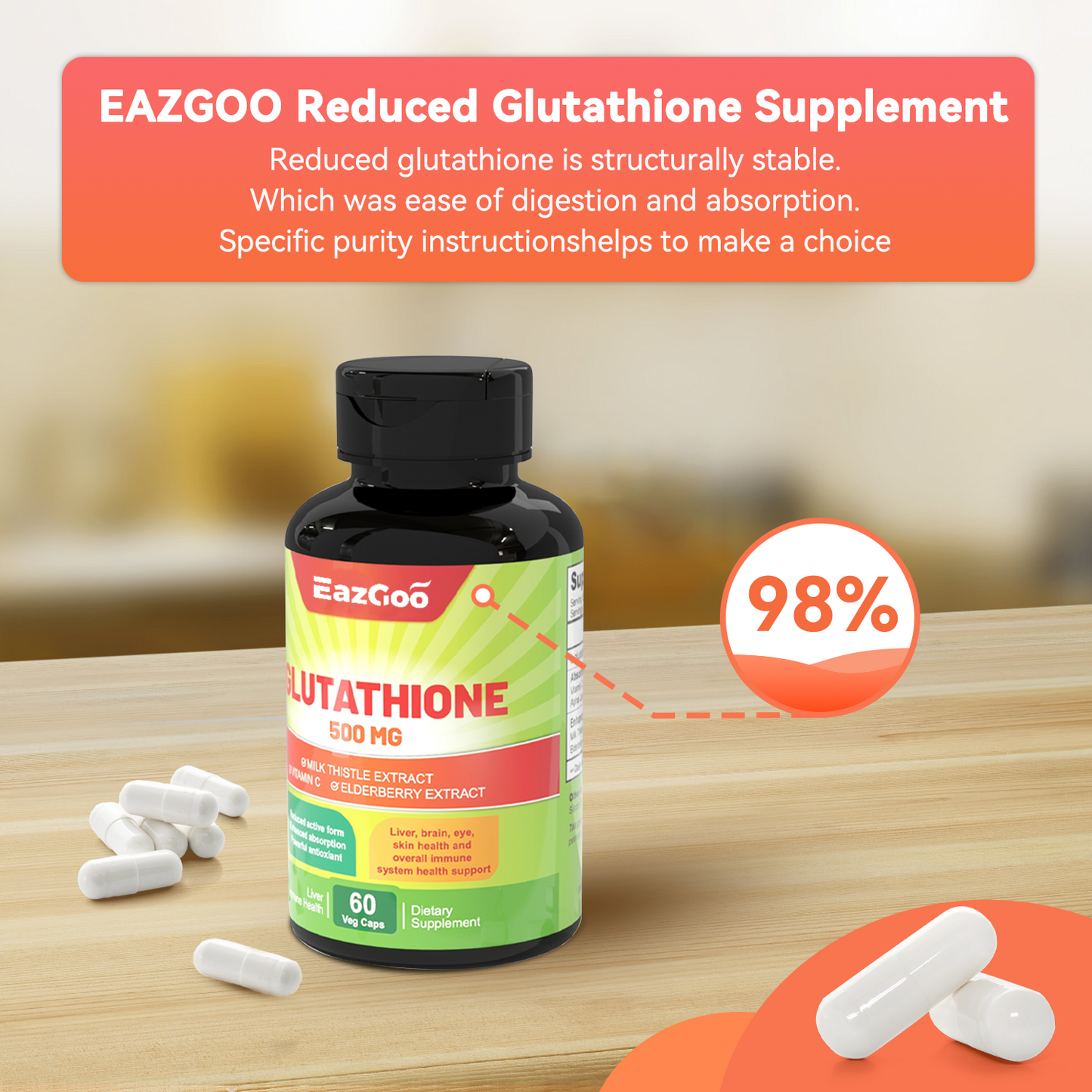 EAZGOO Reduced Glutathione Supplement,500mg, 98% Pure with Vitamin C Elderberry Milk Thistle, Antioxidant & Liver Detox, Immune Support & Anti Aging, Vegan, Gluten Free, 60 Count